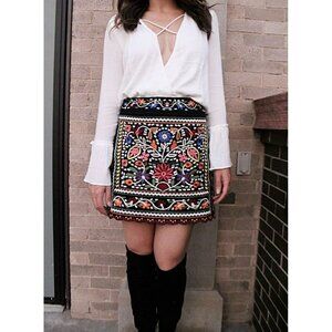 Lulus Multicolor Boho Don’t Stop The Party Embroidered Black Mini Skirt Sz XS